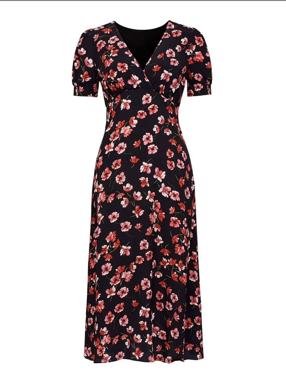 EUC Ever New Retro Inspired Black Floral Midi Dress with Red & Pink Blooms (10)